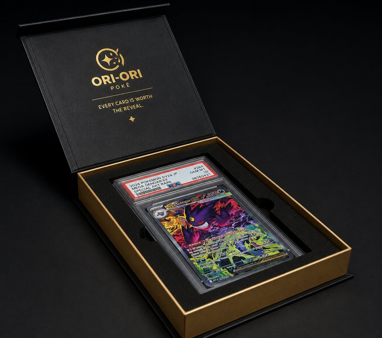A PSA-graded card seated in the Ori-Ori Poke presentation box